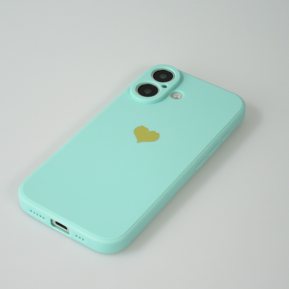 iPhone 16 Plus Case Hülle - Silikon Mat Herz gold - Türkis