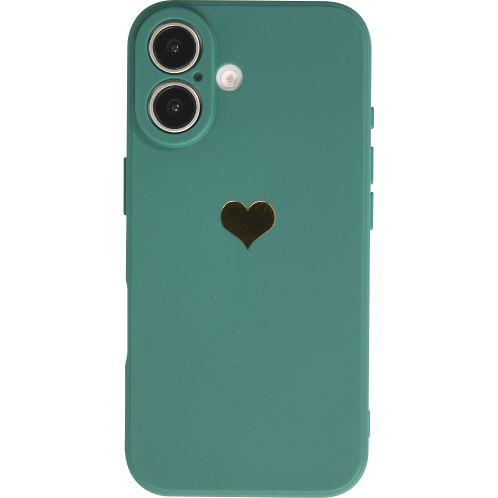 iPhone 16 Plus Case Hülle - Silikon Mat Herz gold - Dunkelgrün