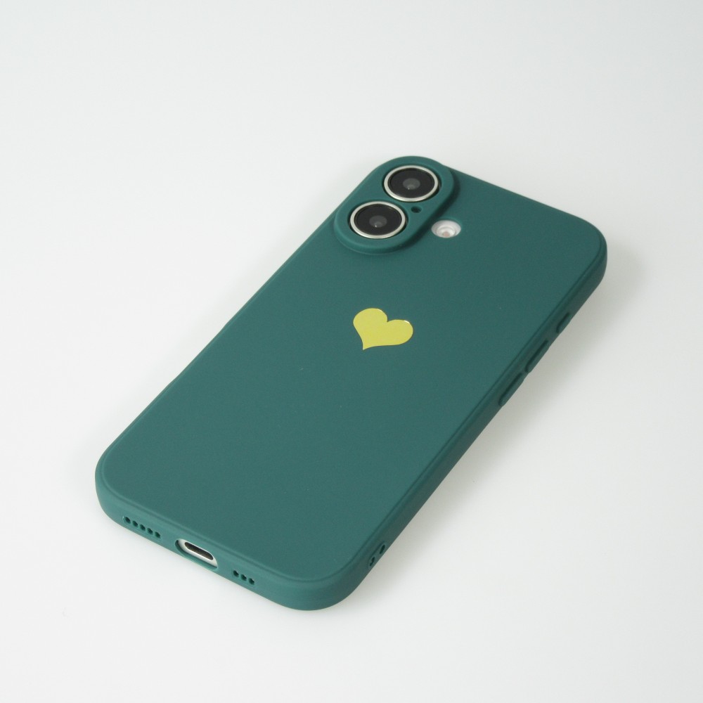 iPhone 16 Plus Case Hülle - Silikon Mat Herz gold - Dunkelgrün