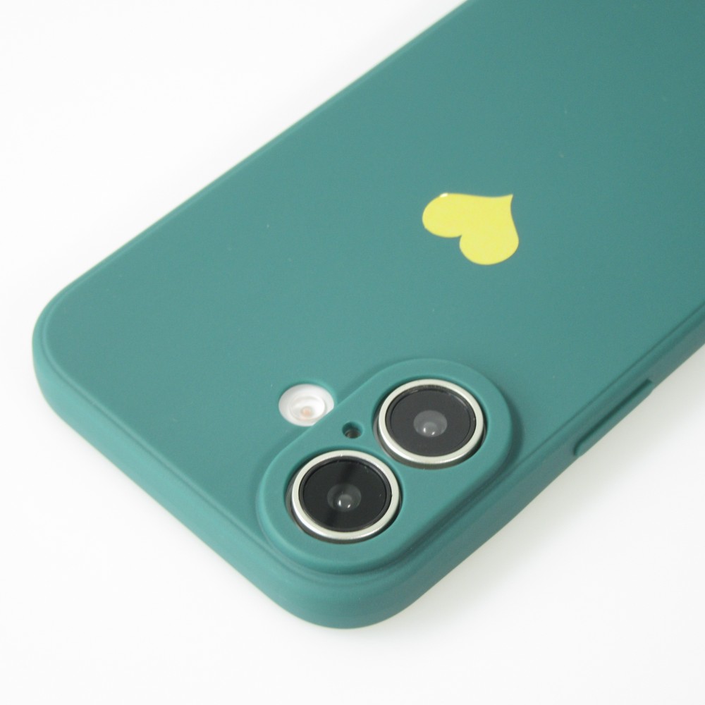 iPhone 16 Plus Case Hülle - Silikon Mat Herz gold - Dunkelgrün