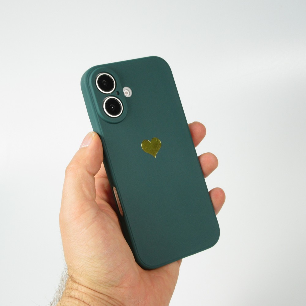 iPhone 16 Plus Case Hülle - Silikon Mat Herz gold - Dunkelgrün