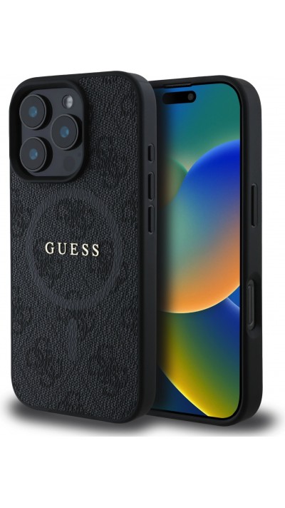 iPhone 16 Pro Case Hülle - Guess Monogramm Kunstleder mit integriertem Magsafe - Schwarz