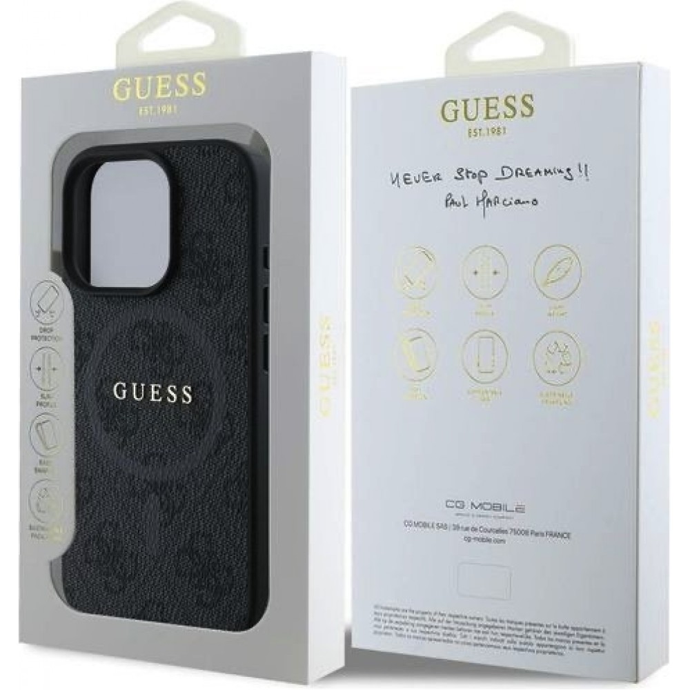 iPhone 16 Pro Case H&uuml;lle - Guess Monogramm Kunstleder mit integriertem Magsafe - Schwarz