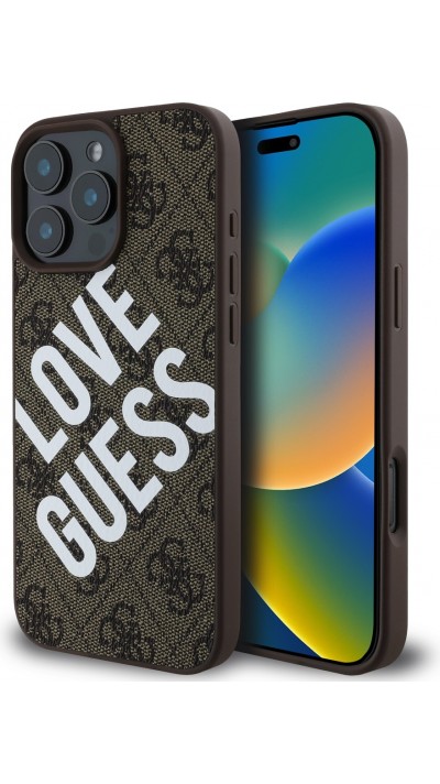 Coque iPhone 16 Pro - Guess monogramme similicuir avec logo Love Guess street style et MagSafe int&eacute;gr&eacute; - Brun