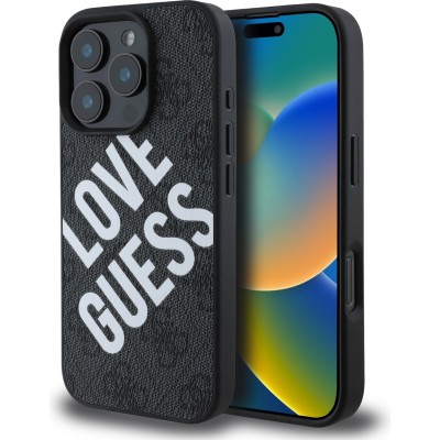 iPhone 16 Pro Case H&uuml;lle - Guess Monogramm Kunstleder mit Love Guess Street Style Logo und integriertem MagSafe - Schwarz