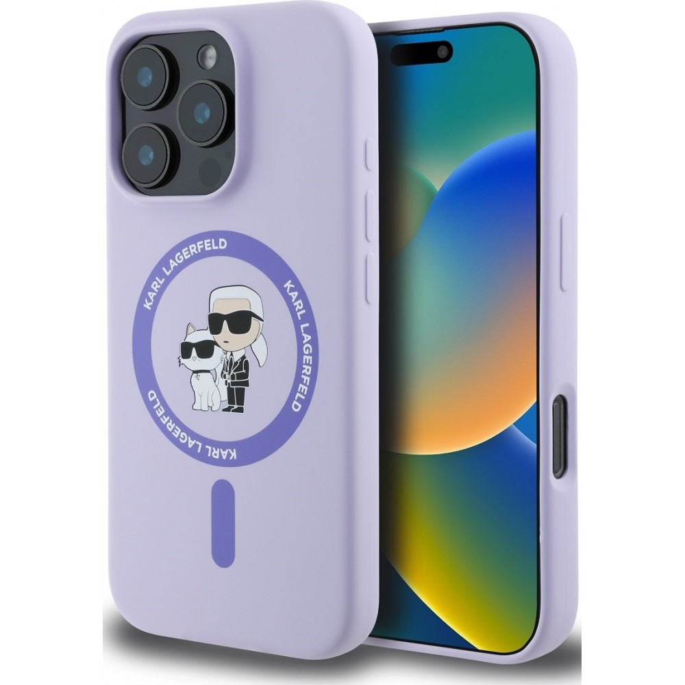 iPhone 16 Pro Case Hülle - Karl Lagerfeld und Choupette soft touch mit MagSafe - Lila