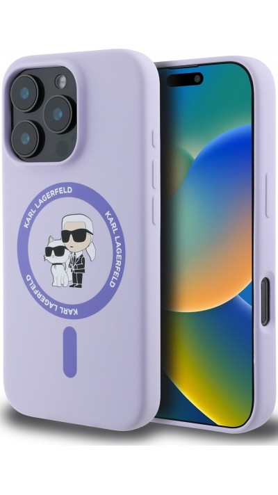 iPhone 16 Pro Case Hülle - Karl Lagerfeld und Choupette soft touch mit MagSafe - Lila