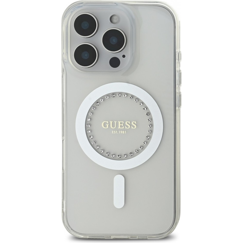 Coque iPhone 16 Pro Max - Guess Strass IML MagSafe - Blanc