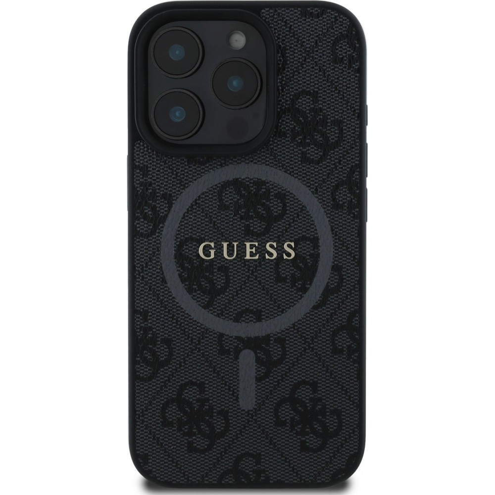 Coque iPhone 16 Pro Max - Guess monogramme similicuir avec MagSafe int&eacute;gr&eacute; - Noir