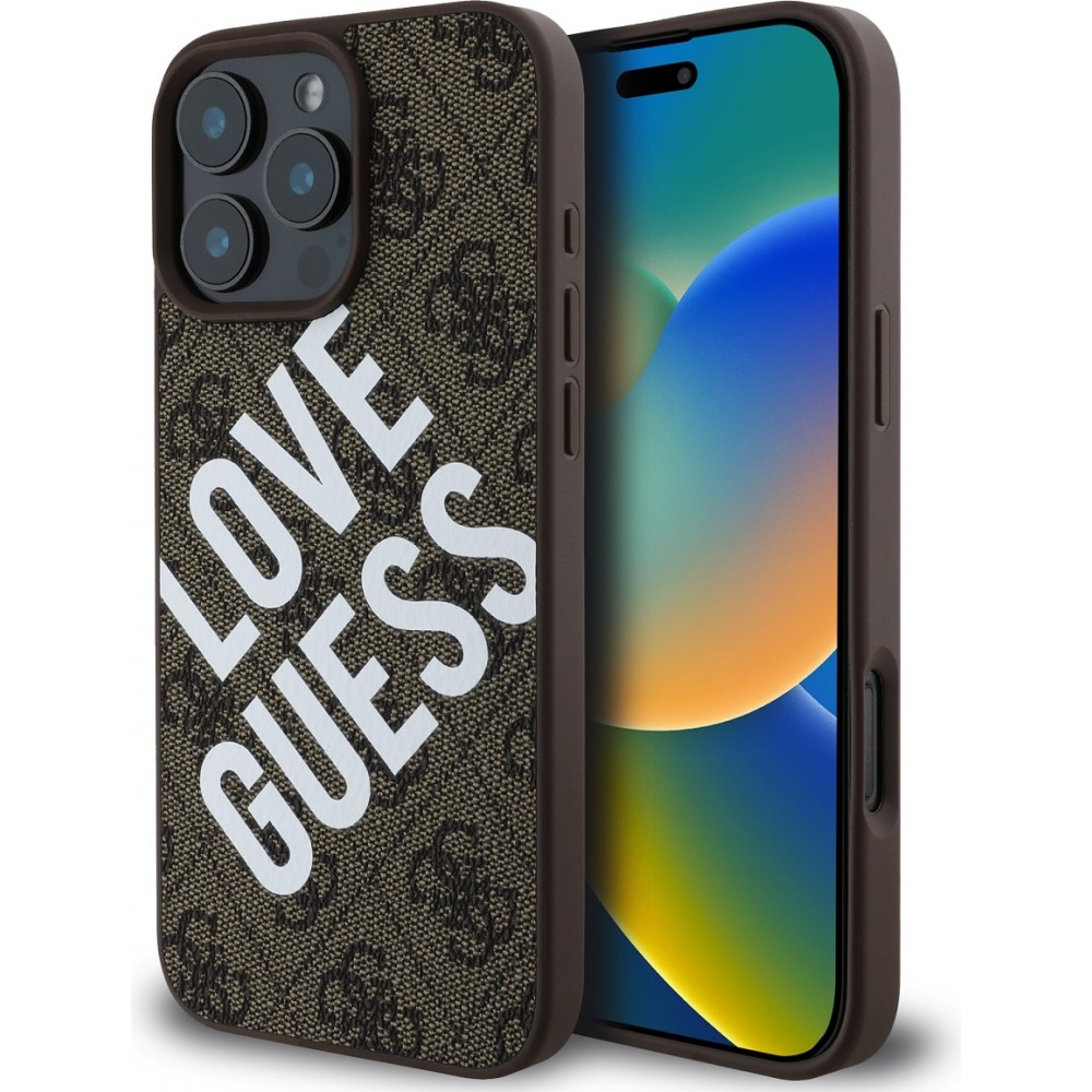 iPhone 16 Pro Max Case H&uuml;lle - Guess Monogramm Kunstleder mit Love Guess Street Style Logo und integriertem MagSafe - Braun