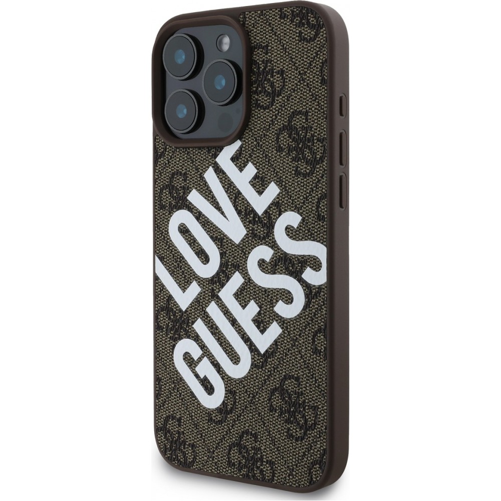 iPhone 16 Pro Max Case H&uuml;lle - Guess Monogramm Kunstleder mit Love Guess Street Style Logo und integriertem MagSafe - Braun