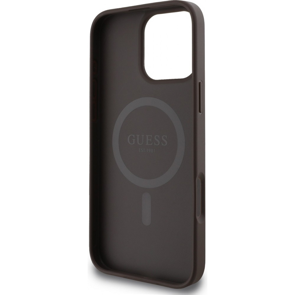 iPhone 16 Pro Max Case H&uuml;lle - Guess Monogramm Kunstleder mit Love Guess Street Style Logo und integriertem MagSafe - Braun