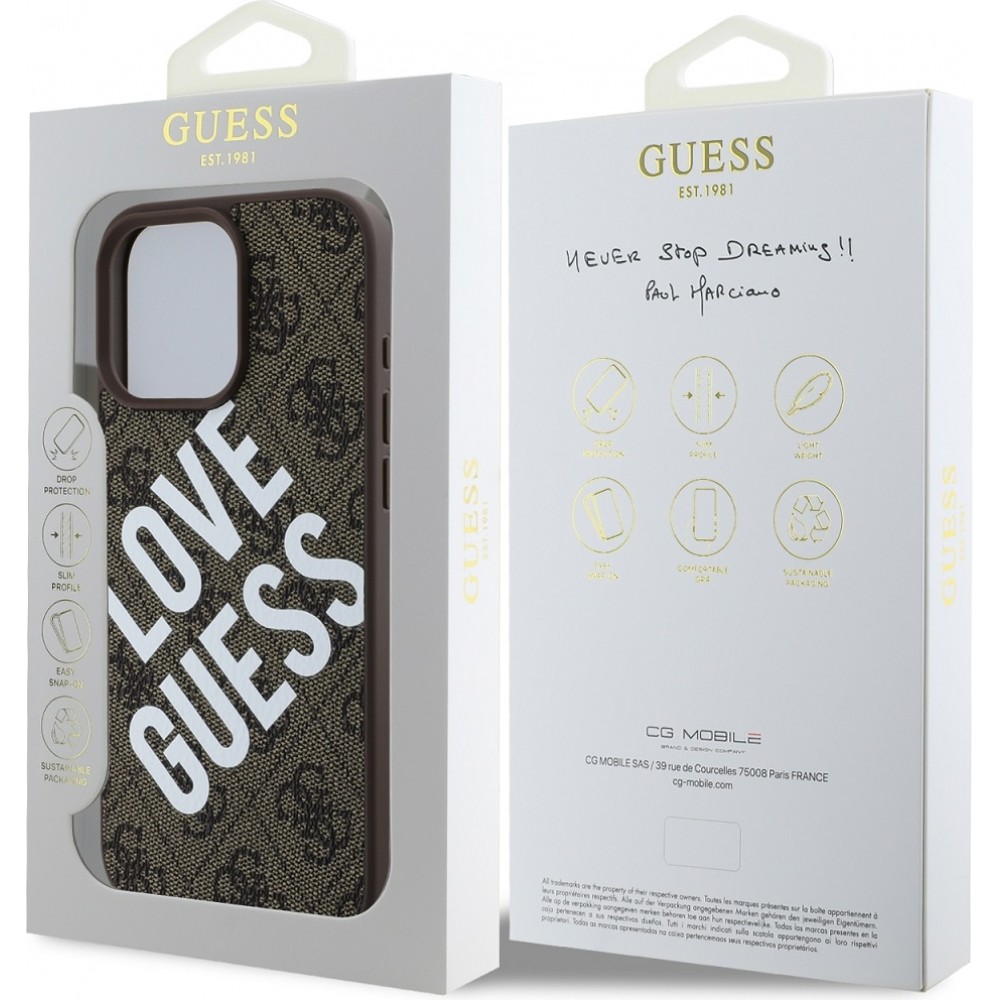 iPhone 16 Pro Max Case H&uuml;lle - Guess Monogramm Kunstleder mit Love Guess Street Style Logo und integriertem MagSafe - Braun