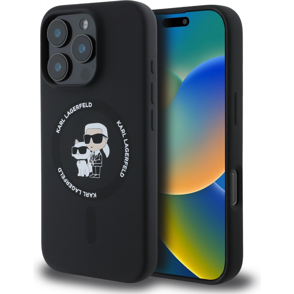 iPhone 16 Pro Max Case H&uuml;lle - Karl Lagerfeld und Choupette soft touch mit MagSafe - Schwarz