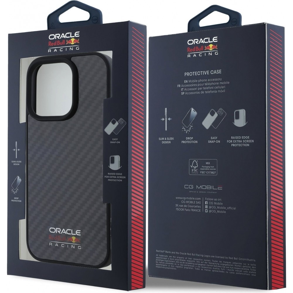 iPhone 16 Pro Max Case H&uuml;lle - Red Bull Racing Simple Carbon mit Logo MagSafe - Schwarz
