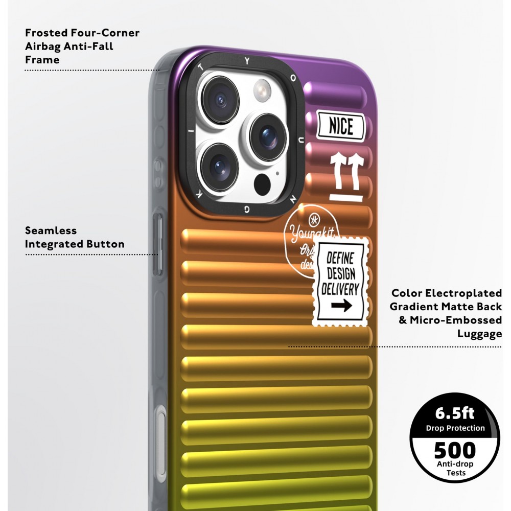 iPhone 16 Pro Case H&uuml;lle - Youngkit Glow Luggage-Inspired - Blau/violett