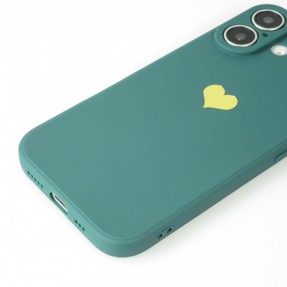 iPhone 16 Case Hülle - Silikon Mat Herz gold - Dunkelgrün
