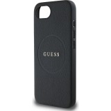 iPhone 16e Case H&uuml;lle - Guess Classic Logo MagSafe aus genarbtem Leder - Schwarz