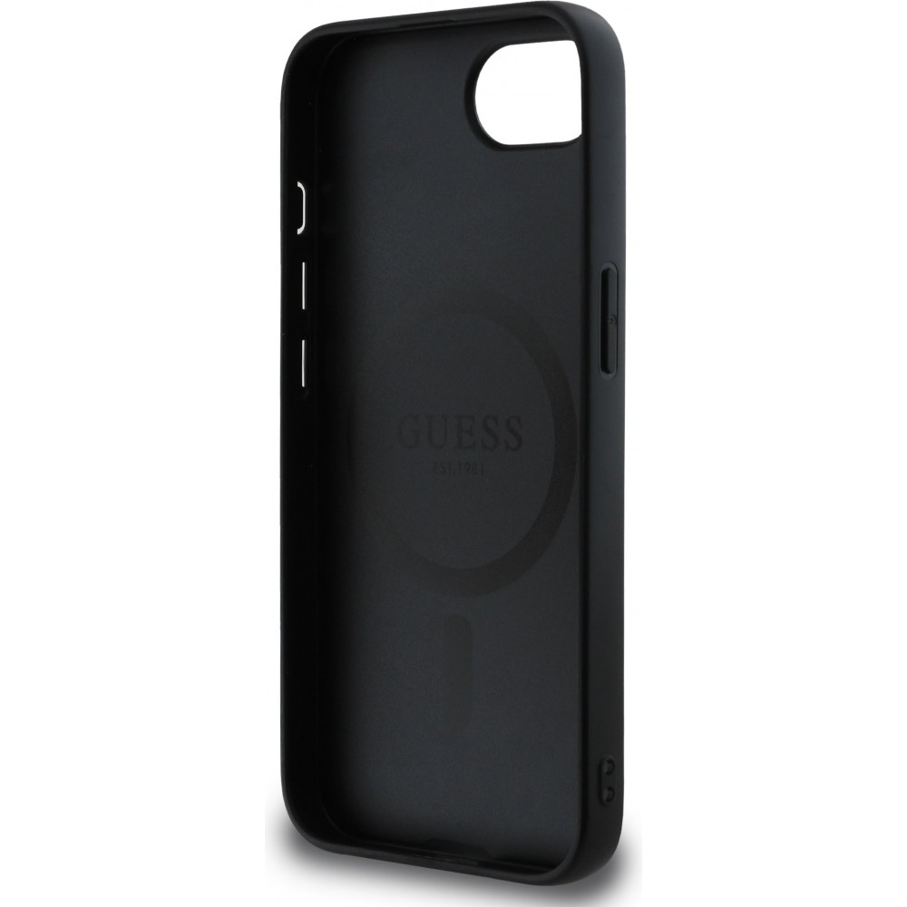 iPhone 16e Case H&uuml;lle - Guess Classic Logo MagSafe aus genarbtem Leder - Schwarz