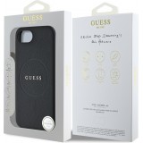iPhone 16e Case H&uuml;lle - Guess Classic Logo MagSafe aus genarbtem Leder - Schwarz