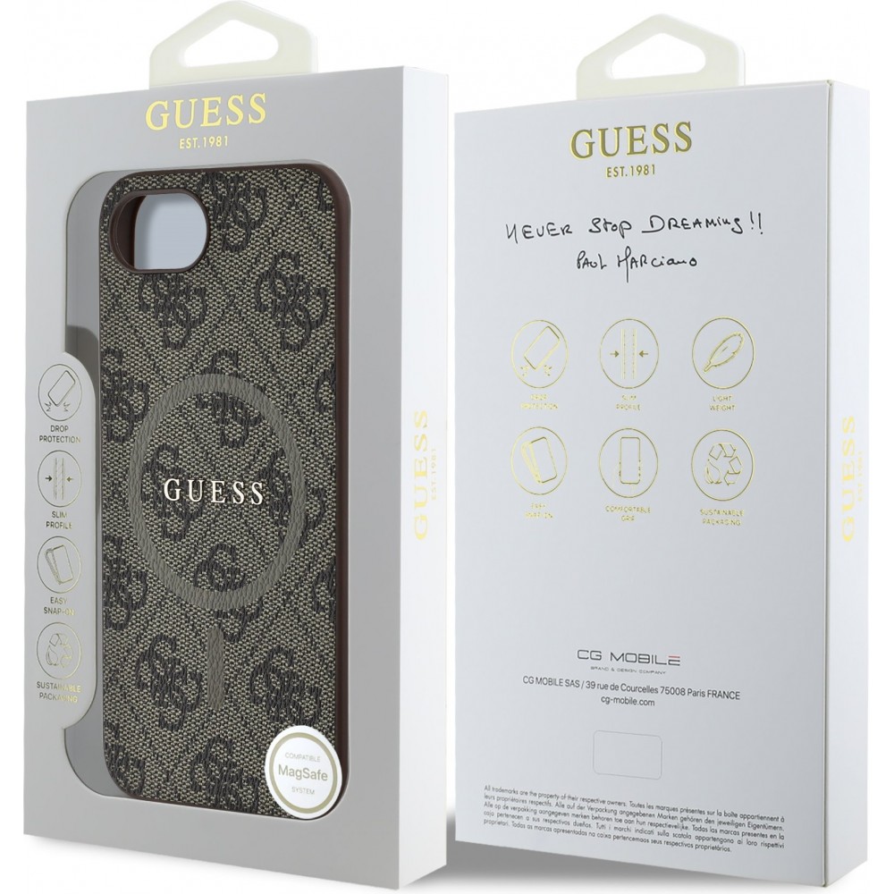 iPhone 16e Case Hülle - Guess Monogramm Kunstleder mit integriertem MagSafe - Braun
