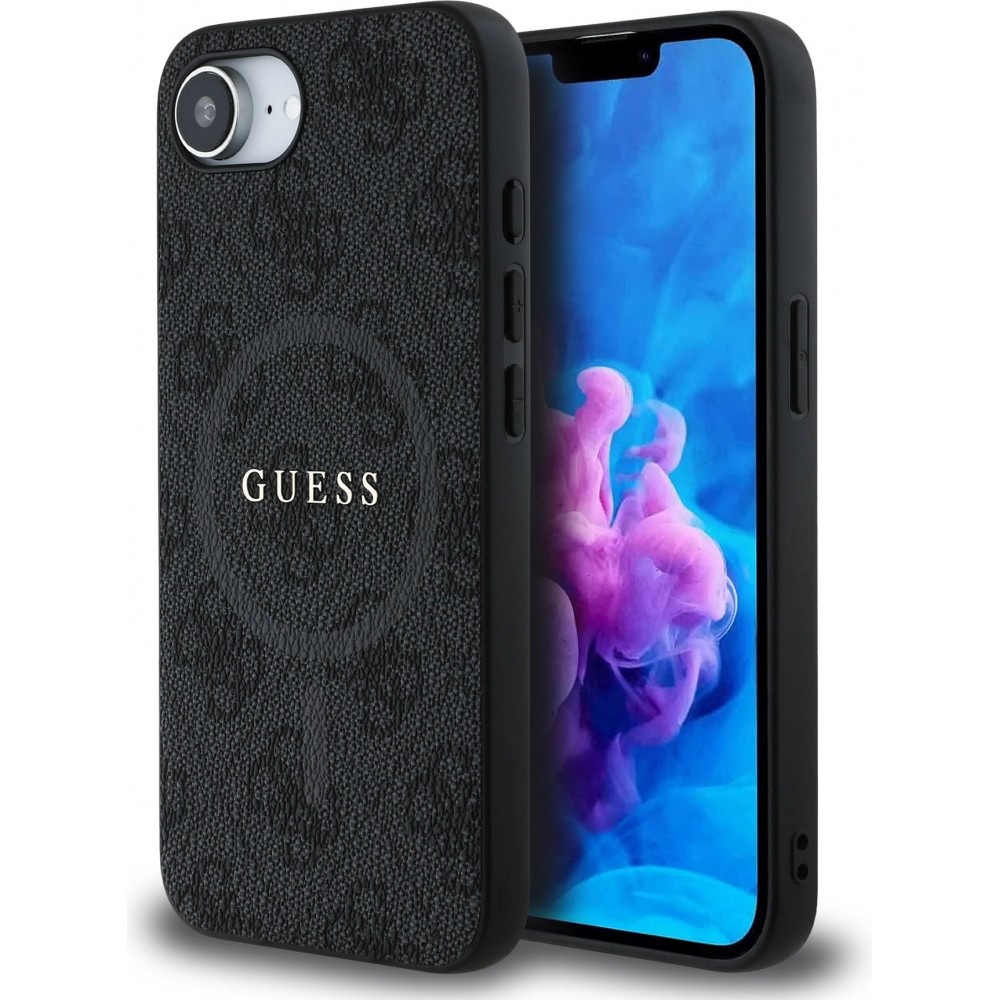 Coque iPhone 17e / 16e - Guess monogramme similicuir avec MagSafe intégré et logo doré - Noir