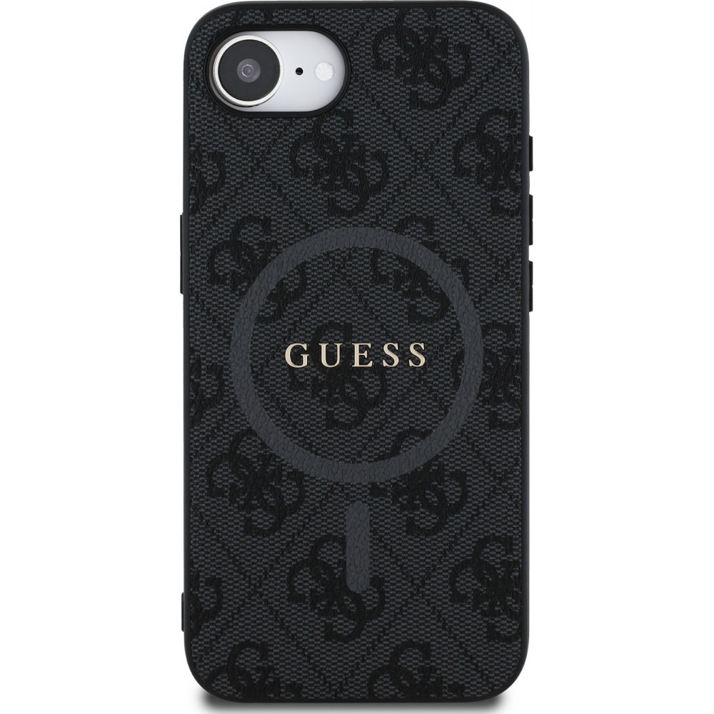 Coque iPhone 17e / 16e - Guess monogramme similicuir avec MagSafe intégré et logo doré - Noir