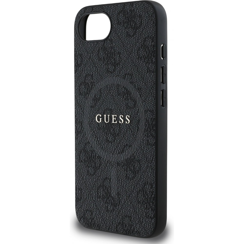 Coque iPhone 17e / 16e - Guess monogramme similicuir avec MagSafe intégré et logo doré - Noir
