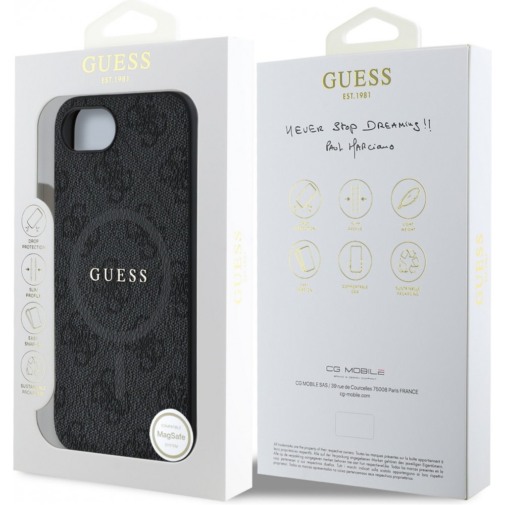 Coque iPhone 17e / 16e - Guess monogramme similicuir avec MagSafe intégré et logo doré - Noir
