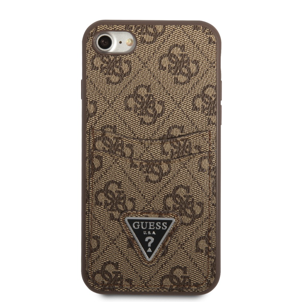 Coque iPhone 7 / 8 / SE (2020, 2022) - Guess toile similicuir avec porte-cartes intégré et logo métallique doré en relief - Brun