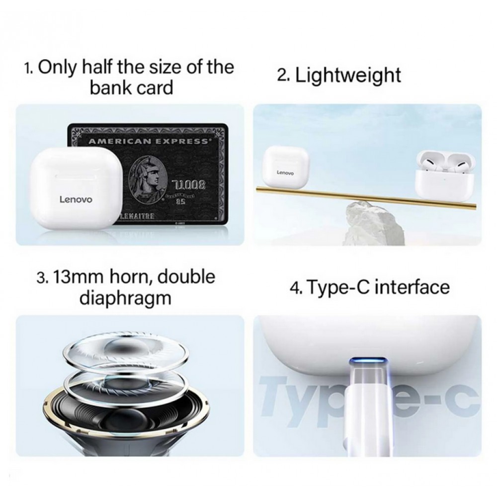 Ecouteurs Lenovo LivePods LP40 sans fil Bluetooth 5.0 wireless earbuds avec USB-C & HD Voice Call - Blanc