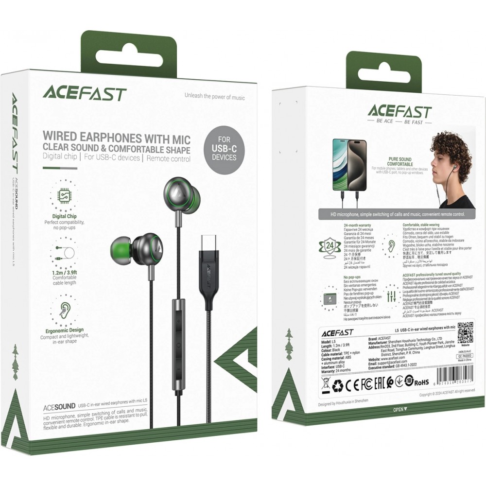 Acefast L5 USB-C In-Ear Kopfh&ouml;rer 1,2m mit Silikon-Ohrst&ouml;pseln - Schwarz