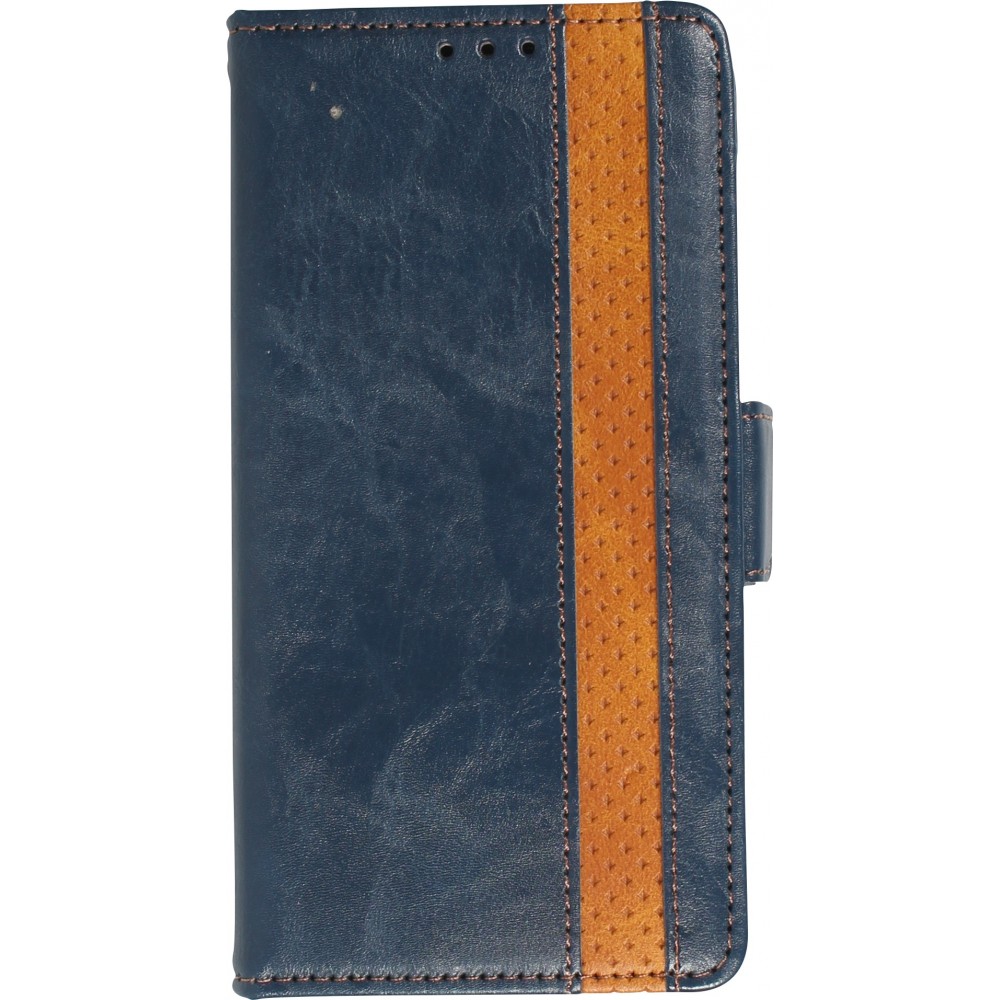 iPhone 16e Leder Tasche - Flip Wallet Echtleder mit Akzentstreifen & Kartenhalter - Blau