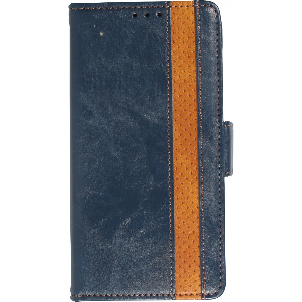 iPhone 15 Leder Tasche - Flip Wallet Echtleder mit Akzentstreifen & Kartenhalter - Blau