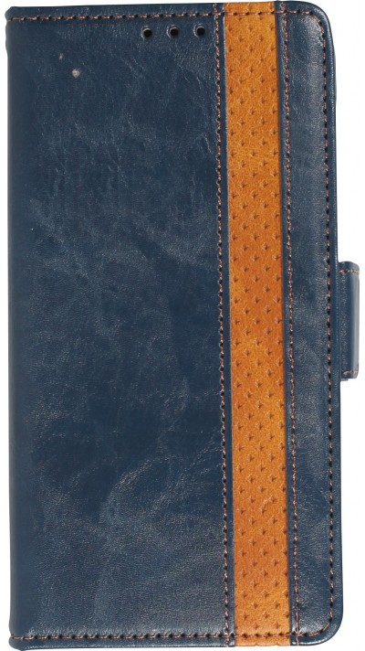 iPhone 13 Leder Tasche - Flip Wallet Echtleder mit Akzentstreifen & Kartenhalter - Blau