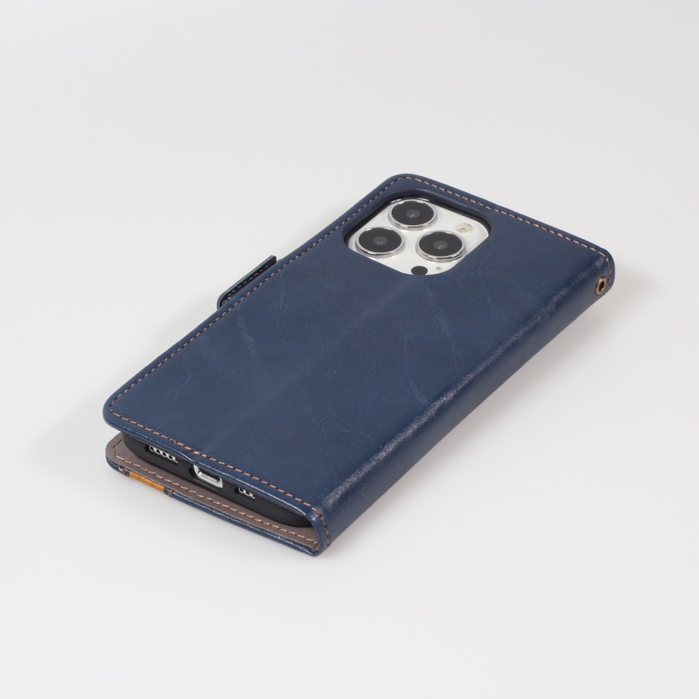 iPhone 16e Leder Tasche - Flip Wallet Echtleder mit Akzentstreifen & Kartenhalter - Blau