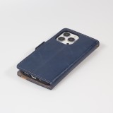 iPhone 16e Leder Tasche - Flip Wallet Echtleder mit Akzentstreifen & Kartenhalter - Blau