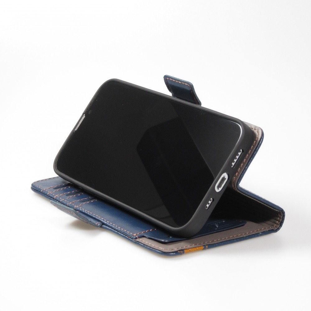 iPhone 16e Leder Tasche - Flip Wallet Echtleder mit Akzentstreifen & Kartenhalter - Blau