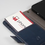 iPhone 16e Leder Tasche - Flip Wallet Echtleder mit Akzentstreifen & Kartenhalter - Blau