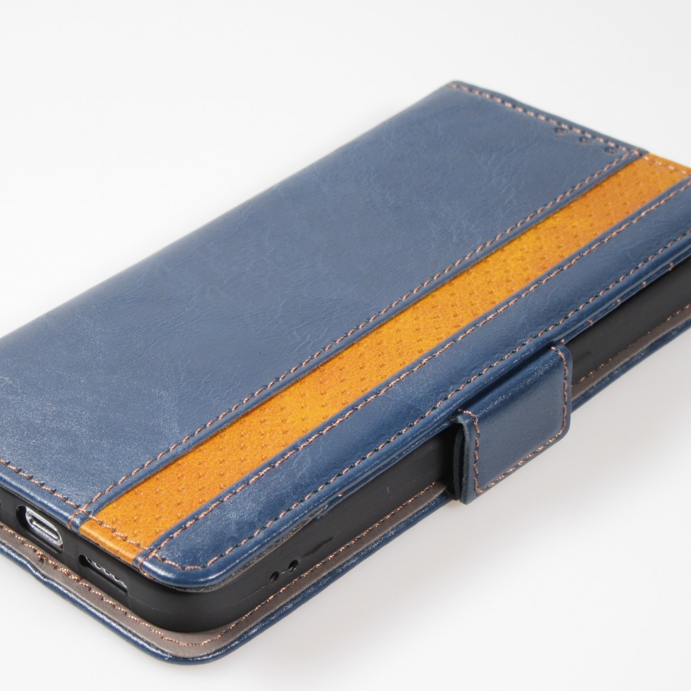 iPhone 16e Leder Tasche - Flip Wallet Echtleder mit Akzentstreifen & Kartenhalter - Blau
