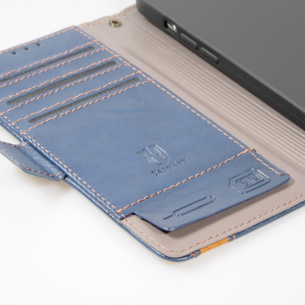 iPhone 16e Leder Tasche - Flip Wallet Echtleder mit Akzentstreifen & Kartenhalter - Blau