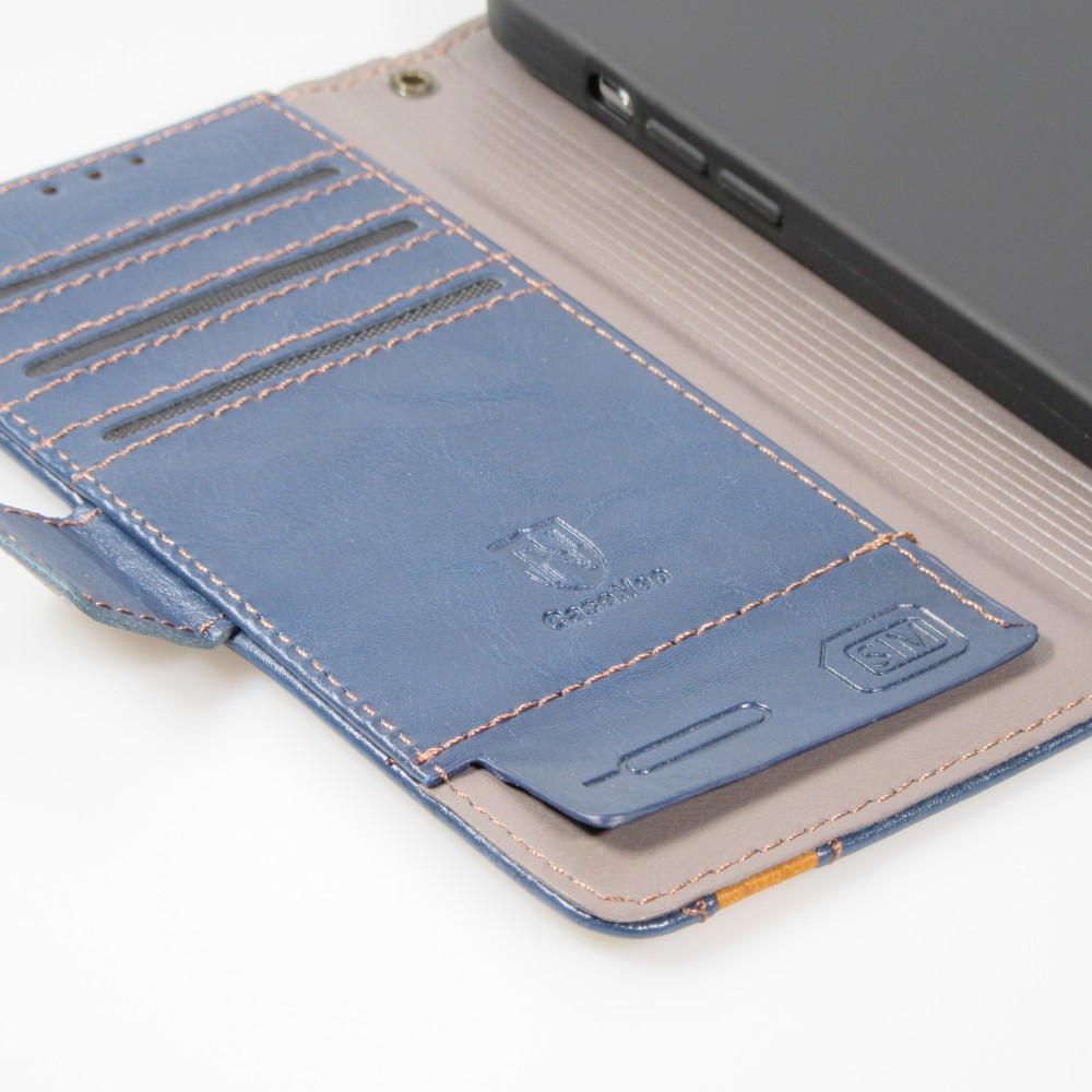 iPhone 15 Leder Tasche - Flip Wallet Echtleder mit Akzentstreifen & Kartenhalter - Blau