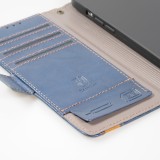 iPhone 15 Leder Tasche - Flip Wallet Echtleder mit Akzentstreifen & Kartenhalter - Blau