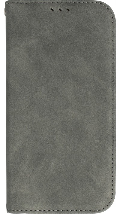 iPhone 15 Plus Leder Tasche - Flip Wallet vintage mit Magnetverschluss und Kartenhalter - Grau