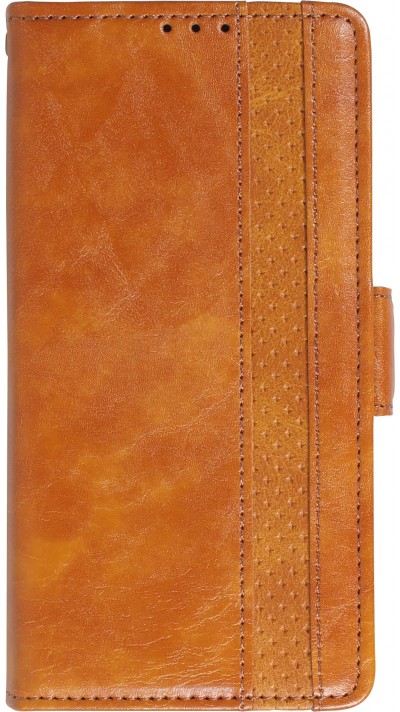 iPhone 16e Leder Tasche - Flip Wallet Echtleder mit Akzentstreifen & Kartenhalter - Braun