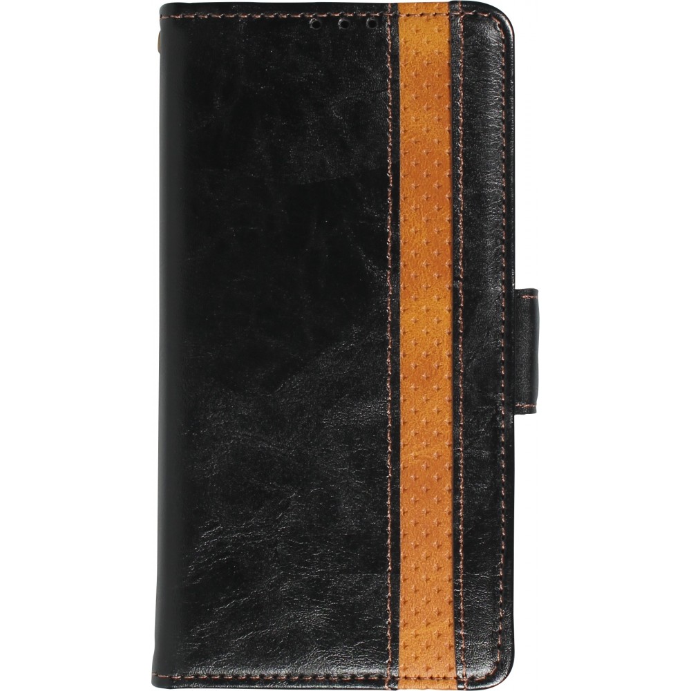 iPhone 13 Pro Max Leder Tasche - Flip Wallet Echtleder mit Akzentstreifen & Kartenhalter - Schwarz
