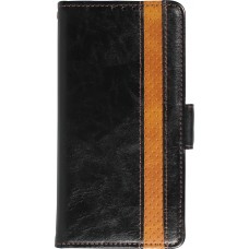 iPhone 13 Pro Max Leder Tasche - Flip Wallet Echtleder mit Akzentstreifen & Kartenhalter - Schwarz