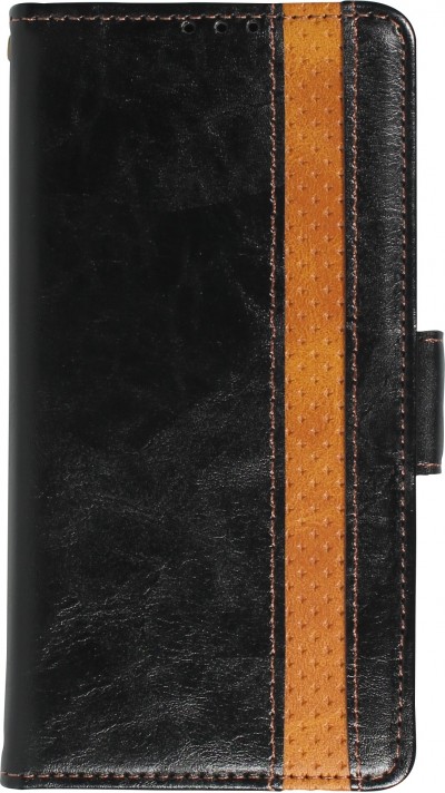 iPhone 16e Leder Tasche - Flip Wallet Echtleder mit Akzentstreifen & Kartenhalter - Schwarz