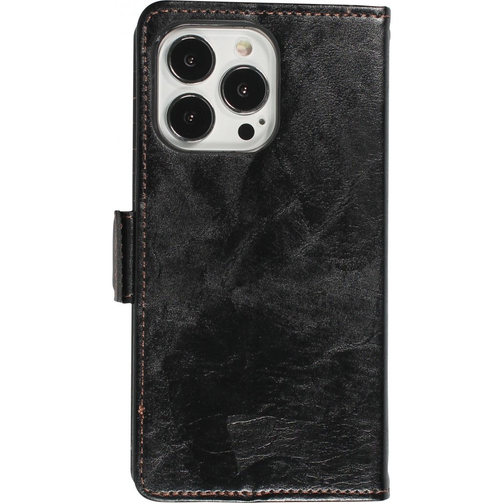 iPhone 13 Pro Max Leder Tasche - Flip Wallet Echtleder mit Akzentstreifen & Kartenhalter - Schwarz