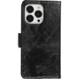 iPhone 13 Pro Max Leder Tasche - Flip Wallet Echtleder mit Akzentstreifen & Kartenhalter - Schwarz